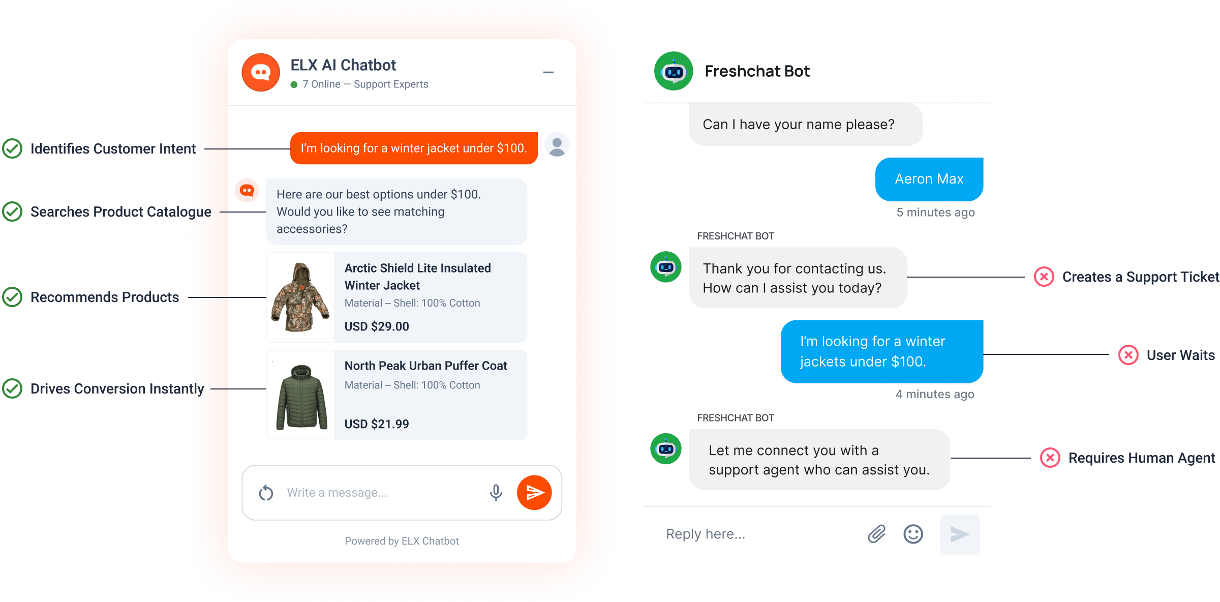 ELX Chatbot vs Freshchat — AI commerce assistant conversation compared to Freshchat traditional helpdesk workflow
